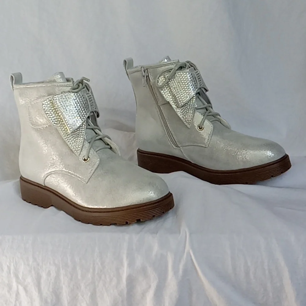 Girl's Glitter Ankle Combat boots  Rhinestone Bowtie Side Zipper Size 4
